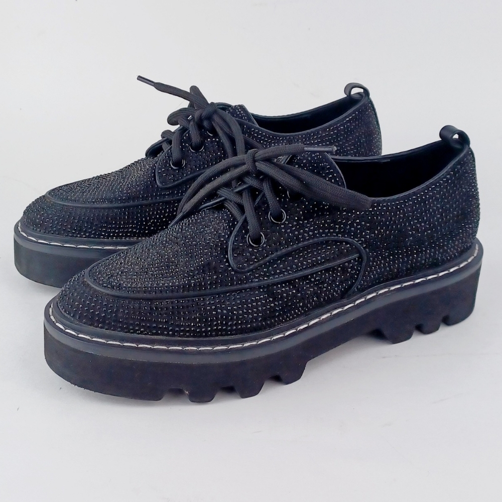 Bibi Lou Strass Sparkle Black Lace-Up Chunky Shoes Loafers Size 37 Bibilou CP